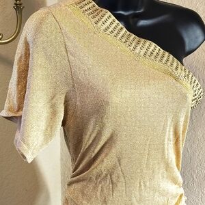Cache Gold Metallic One Shoulder Medium Top Stretch Metal Stud Embellished Y2K